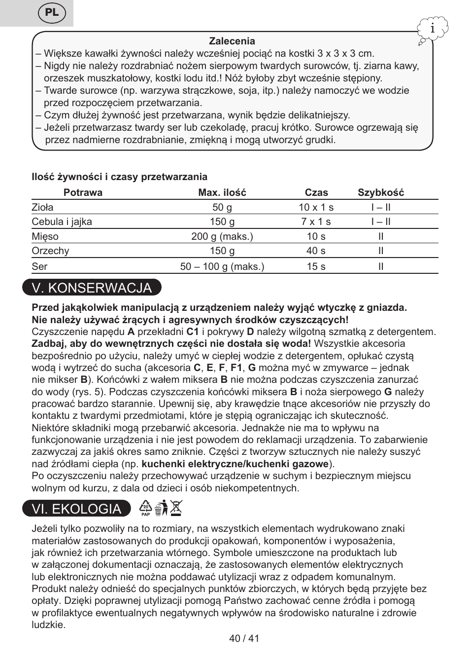 V. konserwacja, Vi. ekologia | ETA Quatro blade User Manual | Page 40 / 44