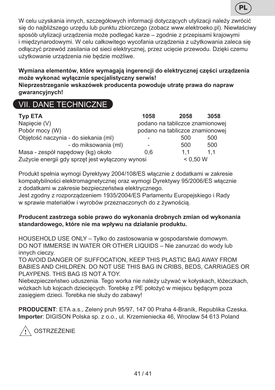 Vii. dane techniczne | ETA Quatro blade User Manual | Page 41 / 44