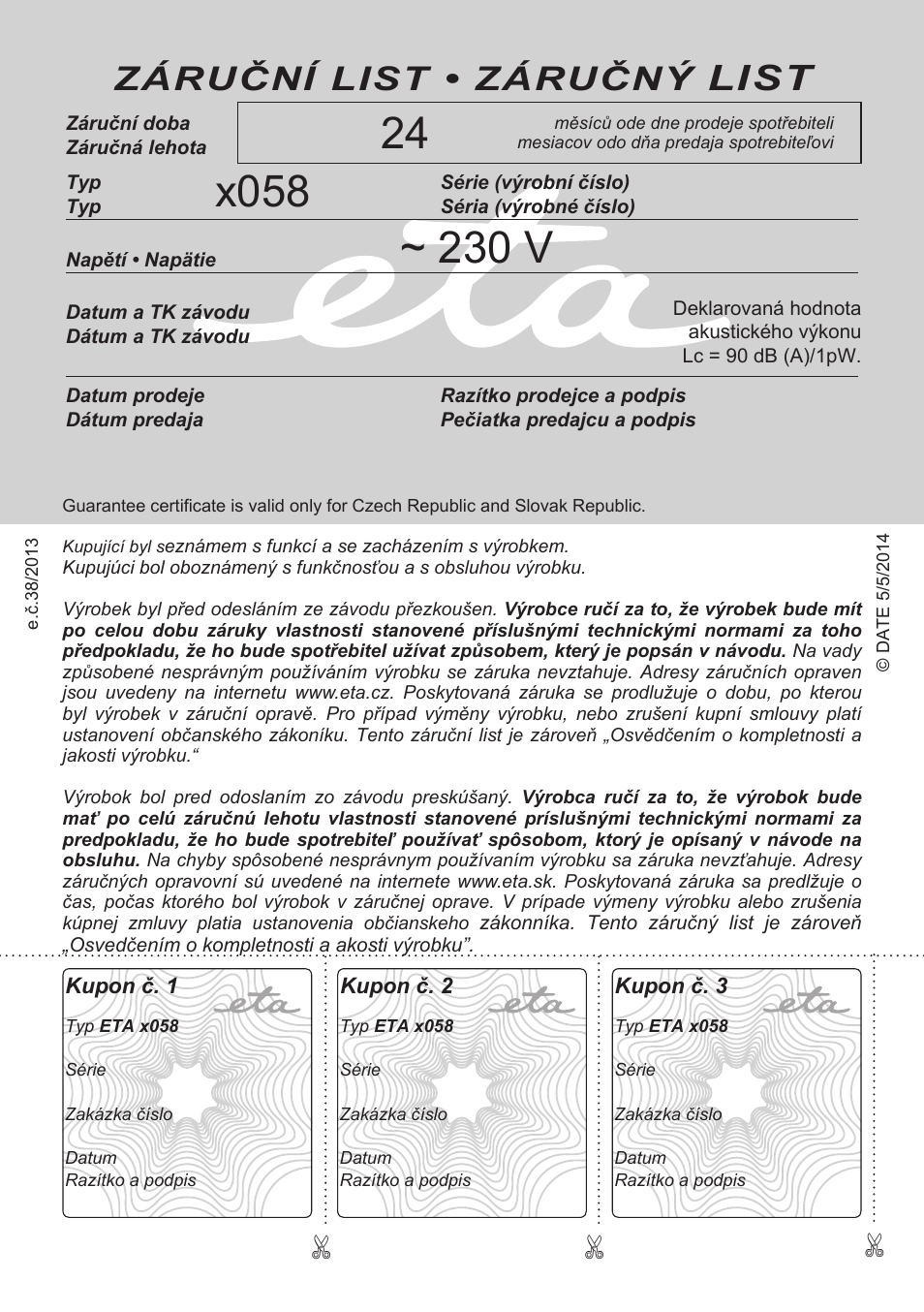 List, Záruční list • záručný | ETA Quatro blade User Manual | Page 44 / 44