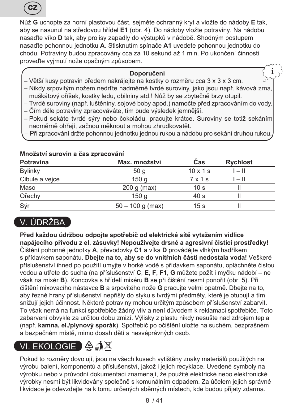 V. údržba, Vi. ekologie | ETA Quatro blade User Manual | Page 8 / 44