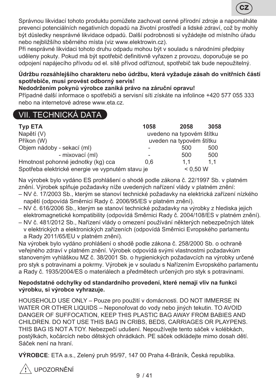 Vii. technická data | ETA Quatro blade User Manual | Page 9 / 44