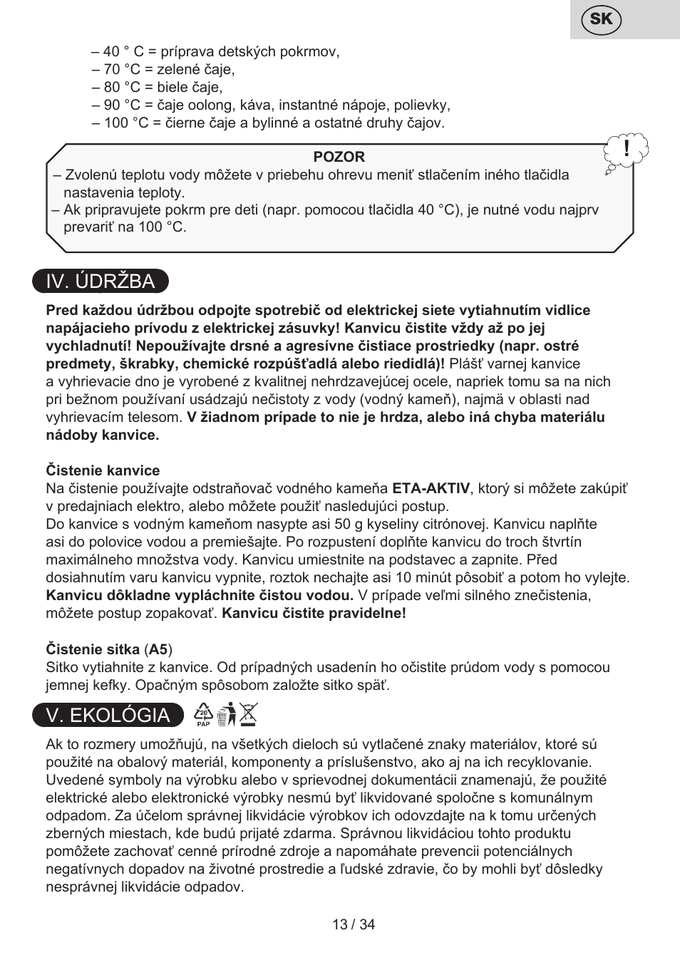 Iv. údržba, V. ekológia | ETA Anna User Manual | Page 13 / 36
