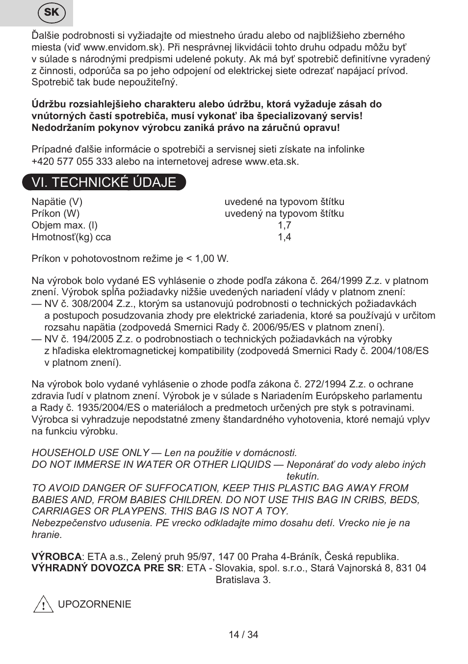 Vi. technické údaje | ETA Anna User Manual | Page 14 / 36