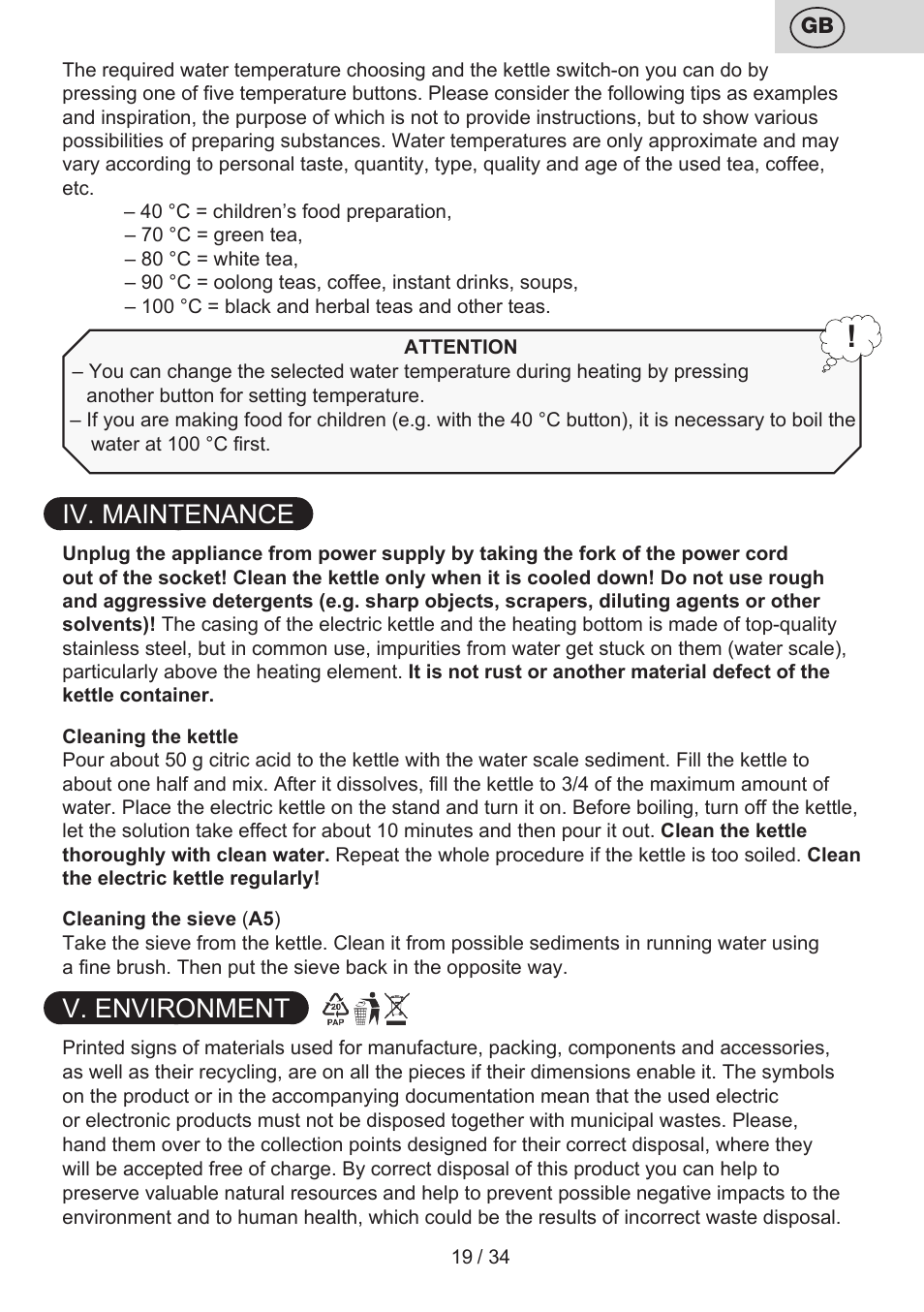 Iv. maintenance, V. environment | ETA Anna User Manual | Page 19 / 36