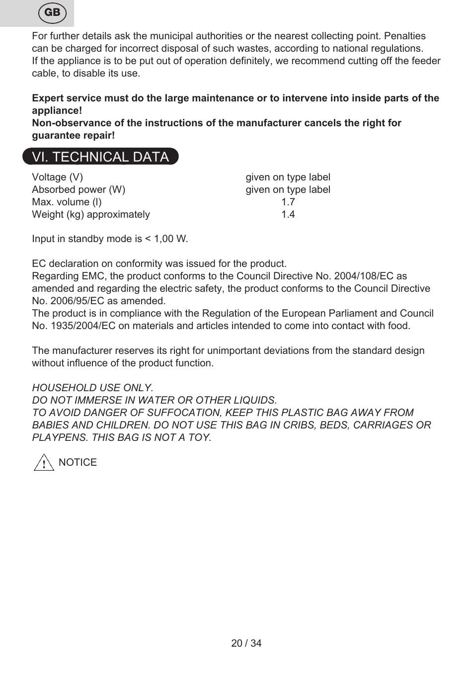Vi. technical data | ETA Anna User Manual | Page 20 / 36