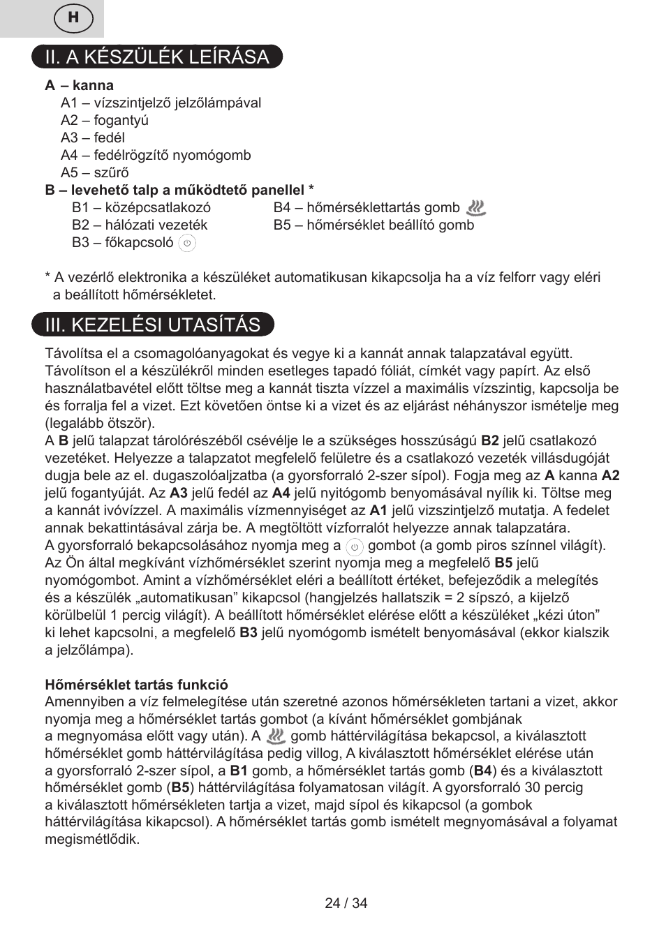Ii. a készülék leírása, Iii. kezelési utasítás | ETA Anna User Manual | Page 24 / 36