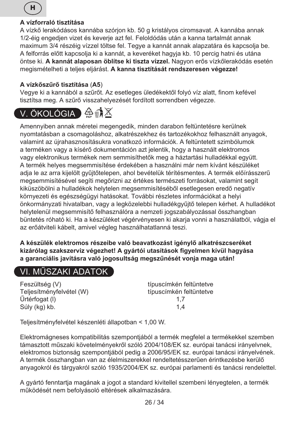 V. ökológia, Vi. műszaki adatok | ETA Anna User Manual | Page 26 / 36