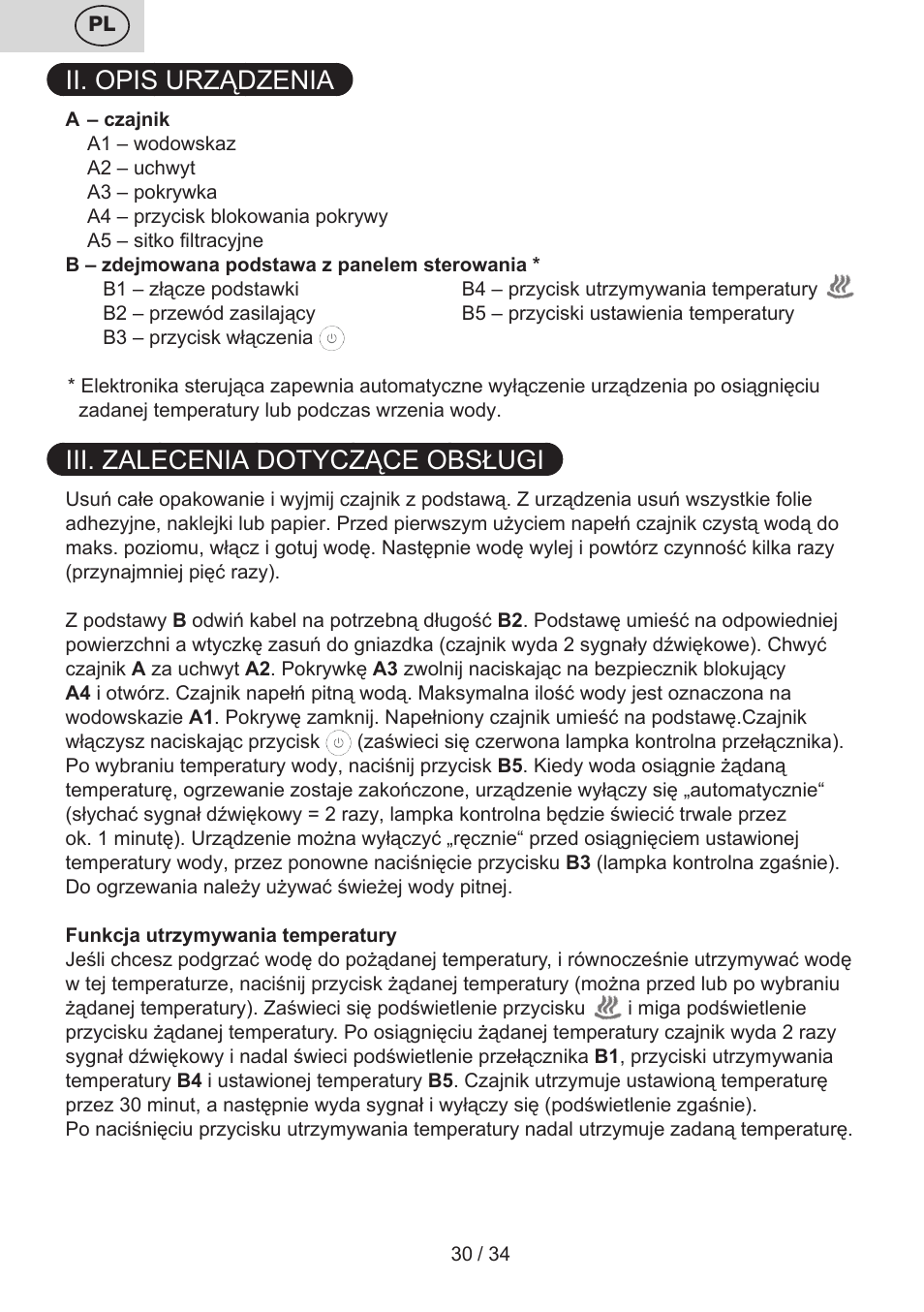 Ii. opis urządzenia, Iii. zalecenia dotyczące obsługi | ETA Anna User Manual | Page 30 / 36