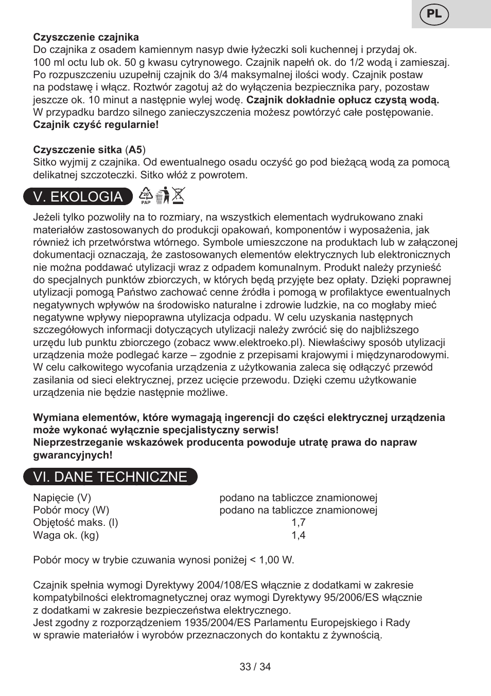 V. ekologia, Vi. dane techniczne | ETA Anna User Manual | Page 33 / 36