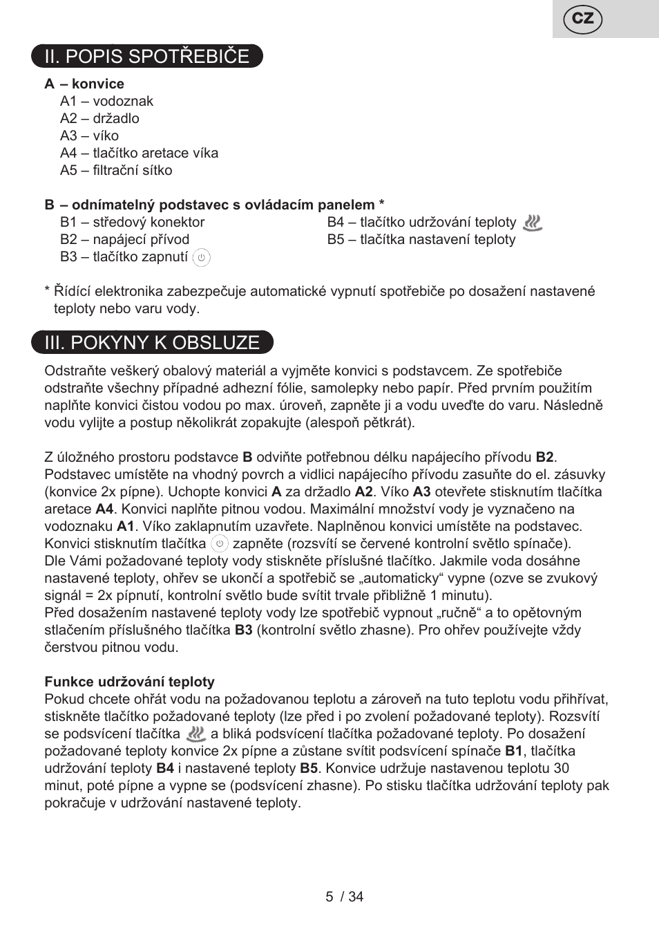 Ii. popis spotřebiče, Iii. pokyny k obsluze | ETA Anna User Manual | Page 5 / 36