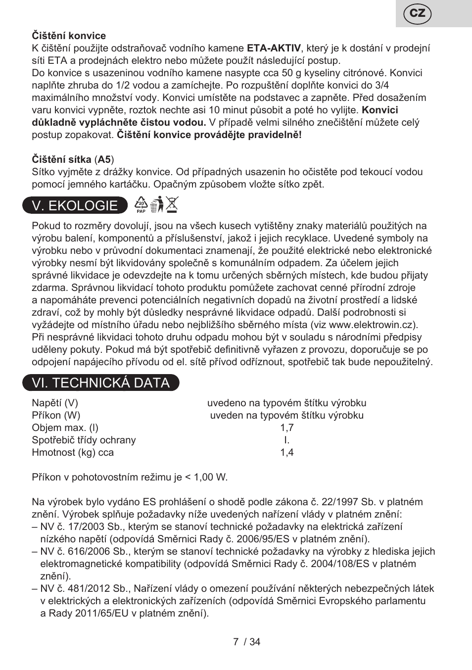 V. ekologie, Vi. technická data | ETA Anna User Manual | Page 7 / 36