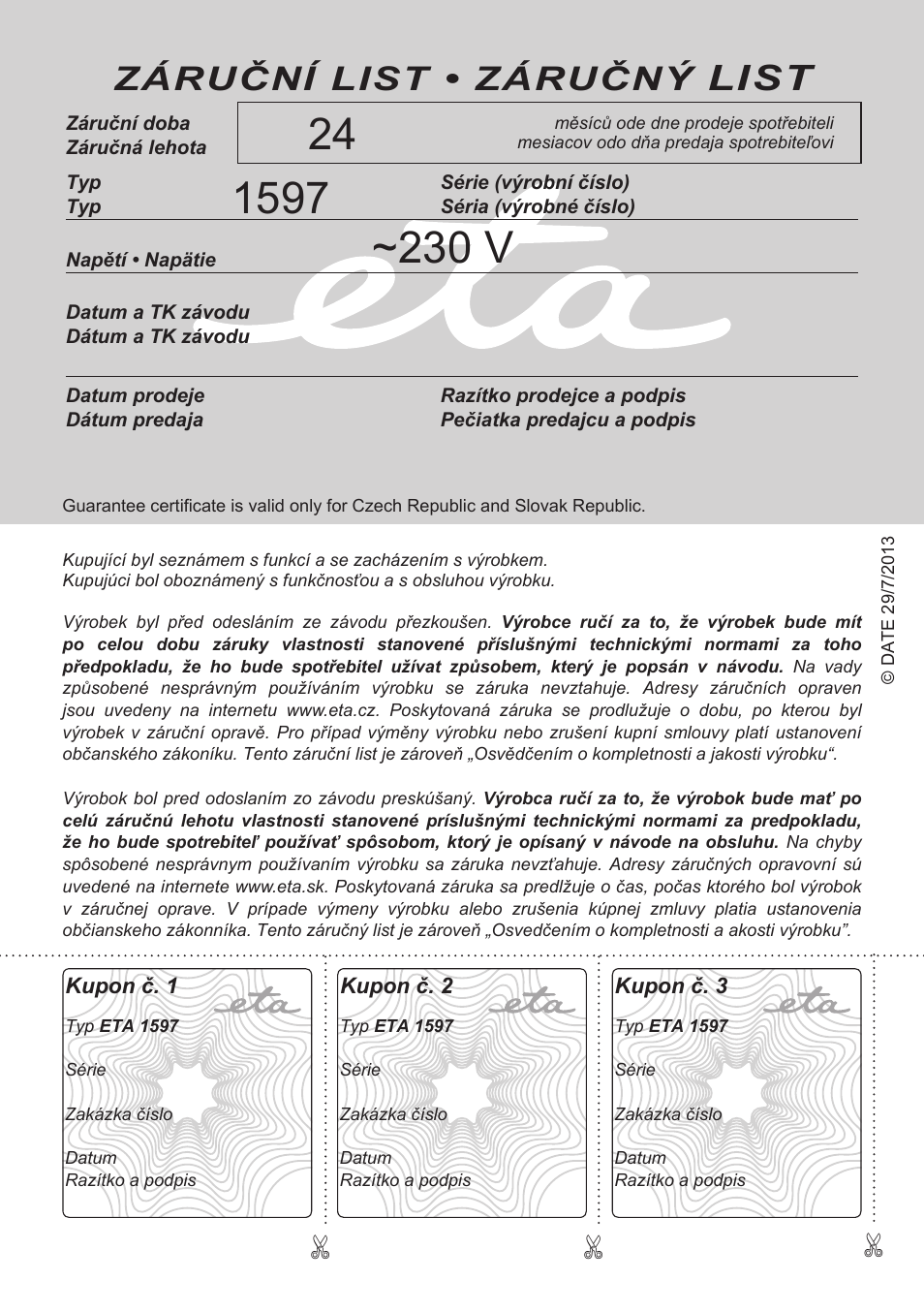 List, Záruční list • záručný | ETA Elle User Manual | Page 48 / 48