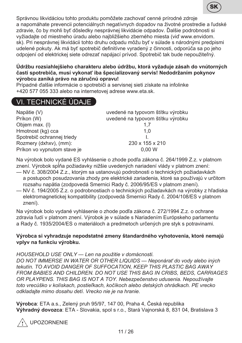 Vi. technické údaje | ETA Aneta User Manual | Page 11 / 28