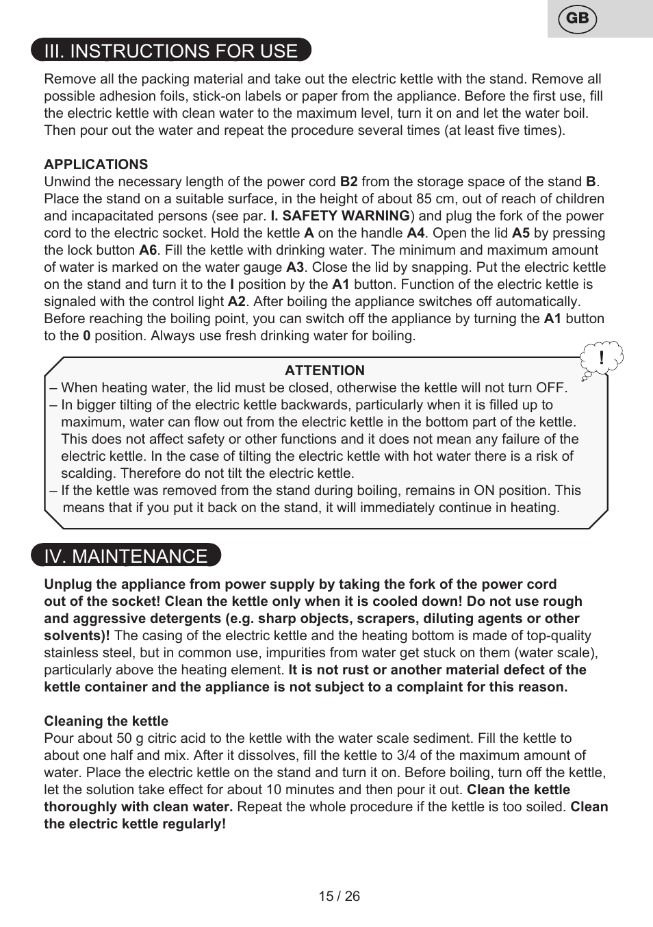 Iii. instructions for use, Iv. maintenance | ETA Aneta User Manual | Page 15 / 28