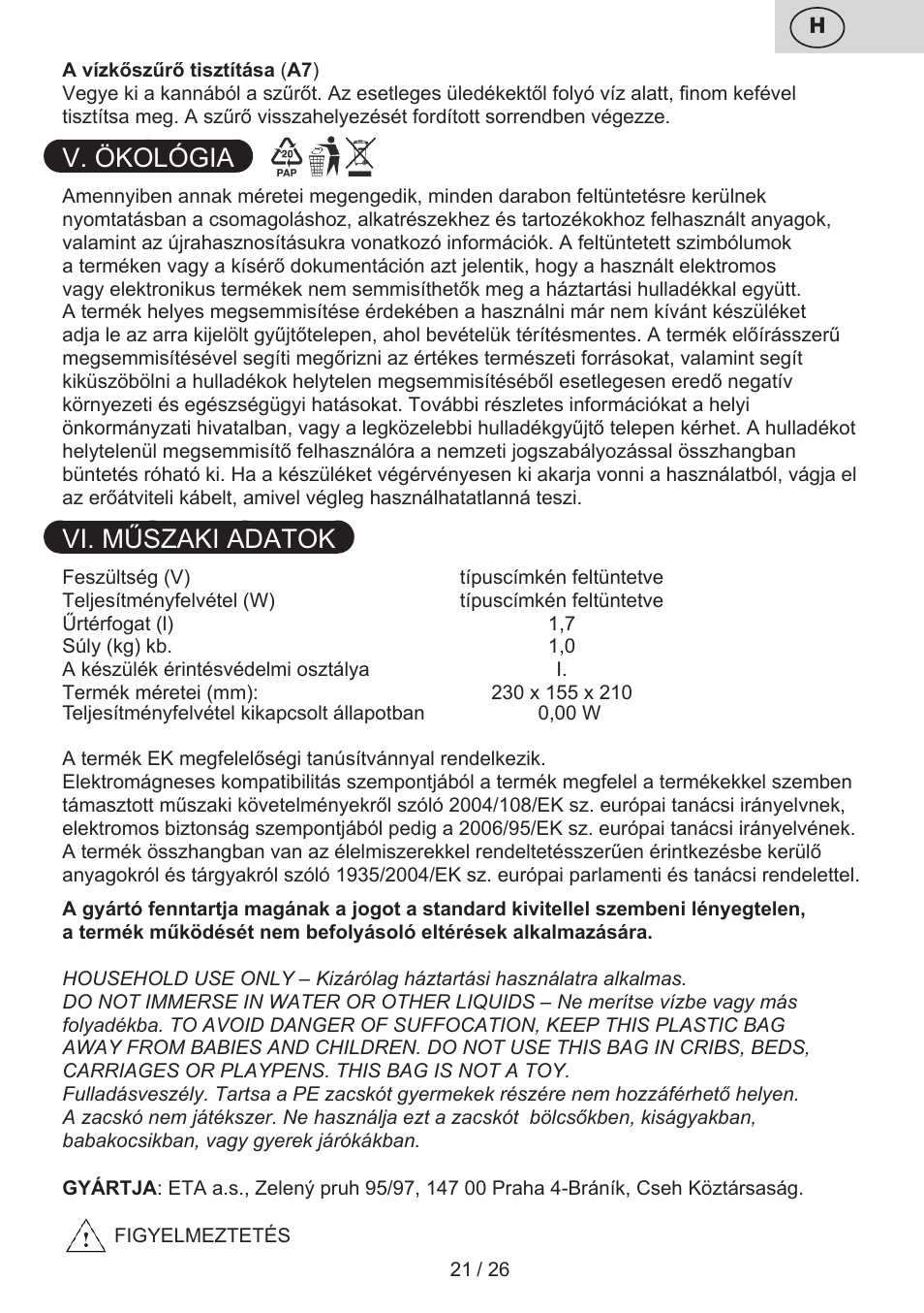V. ökológia, Vi. műszaki adatok | ETA Aneta User Manual | Page 21 / 28