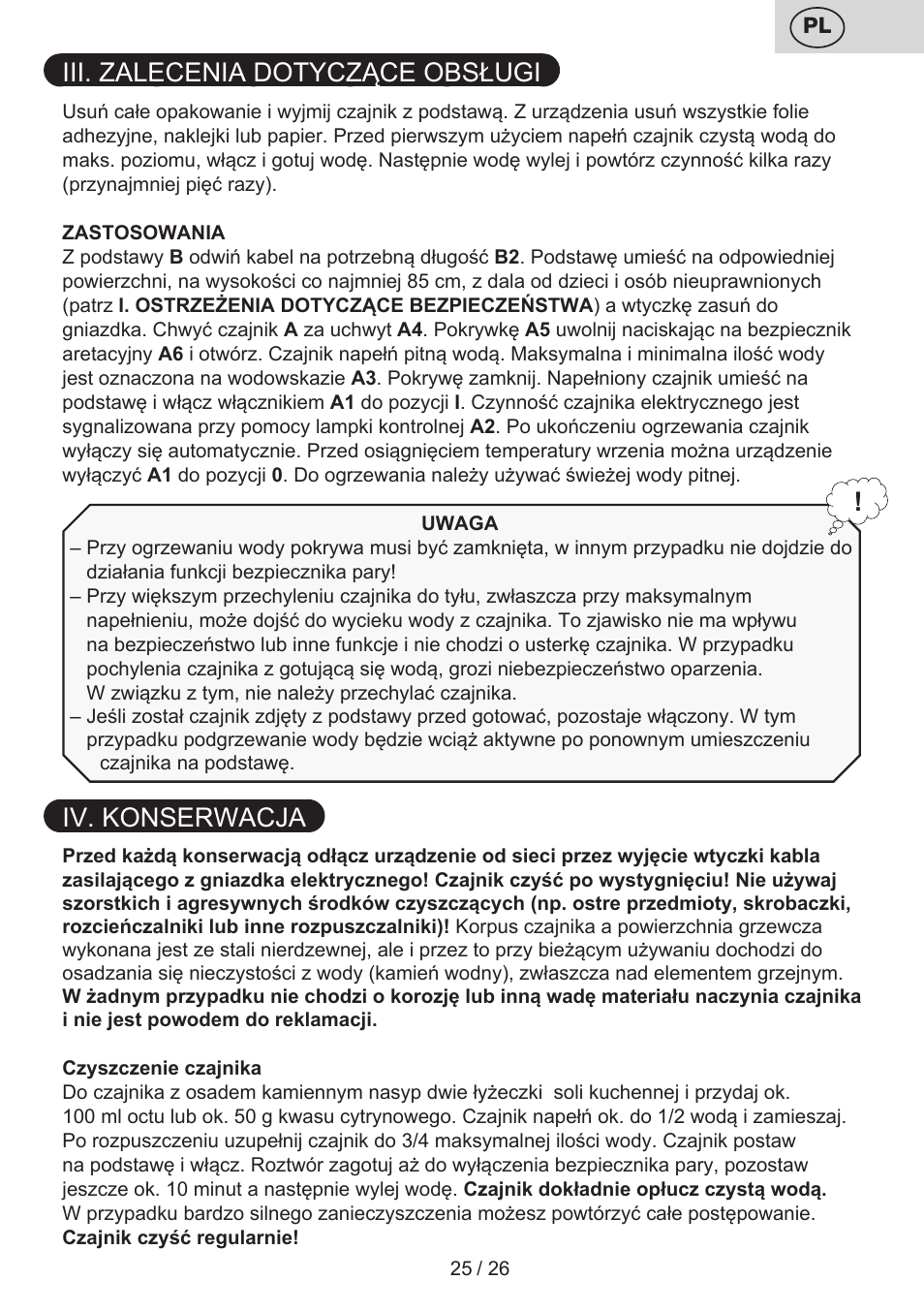Iii. zalecenia dotyczące obsługi, Iv. konserwacja | ETA Aneta User Manual | Page 25 / 28