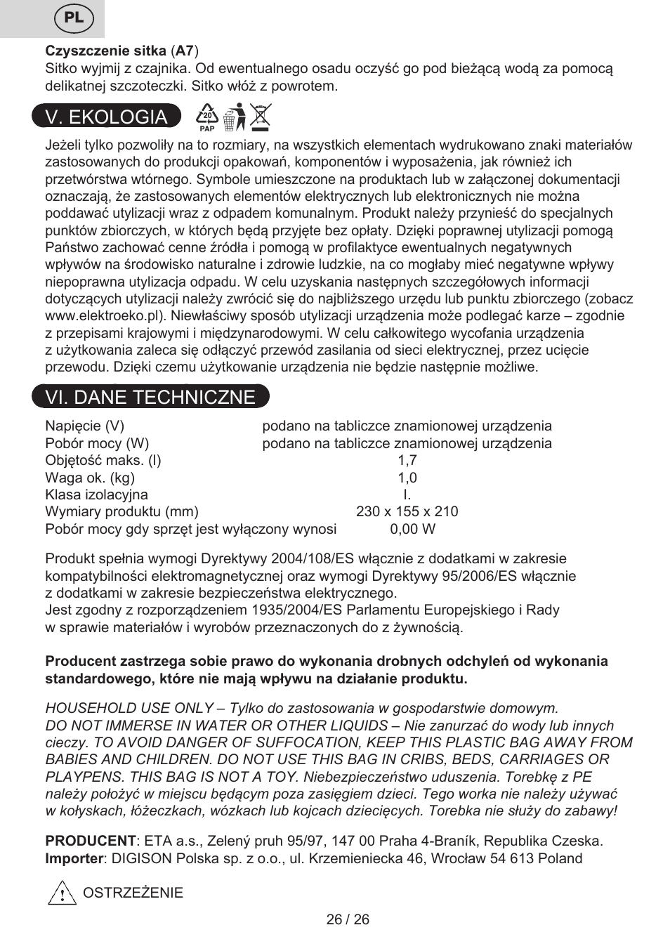 V. ekologia, Vi. dane techniczne | ETA Aneta User Manual | Page 26 / 28
