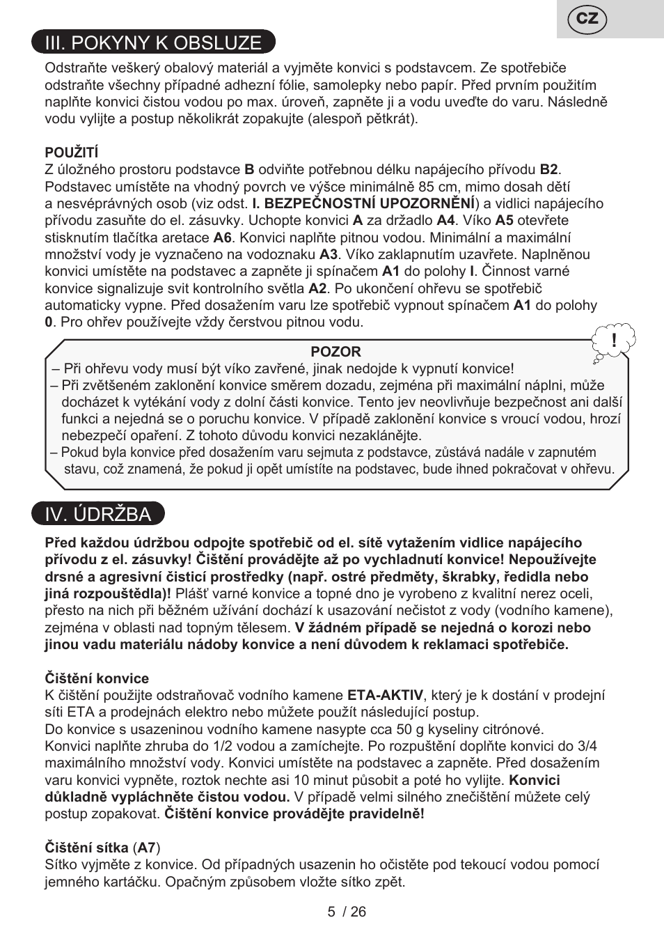 Iii. pokyny k obsluze, Iv. údržba | ETA Aneta User Manual | Page 5 / 28