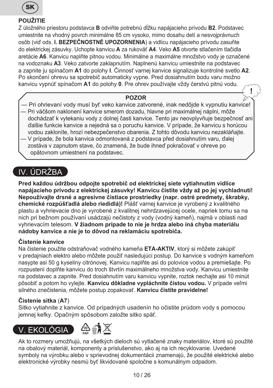 Iv. údržba, V. ekológia | ETA Eva User Manual | Page 10 / 28