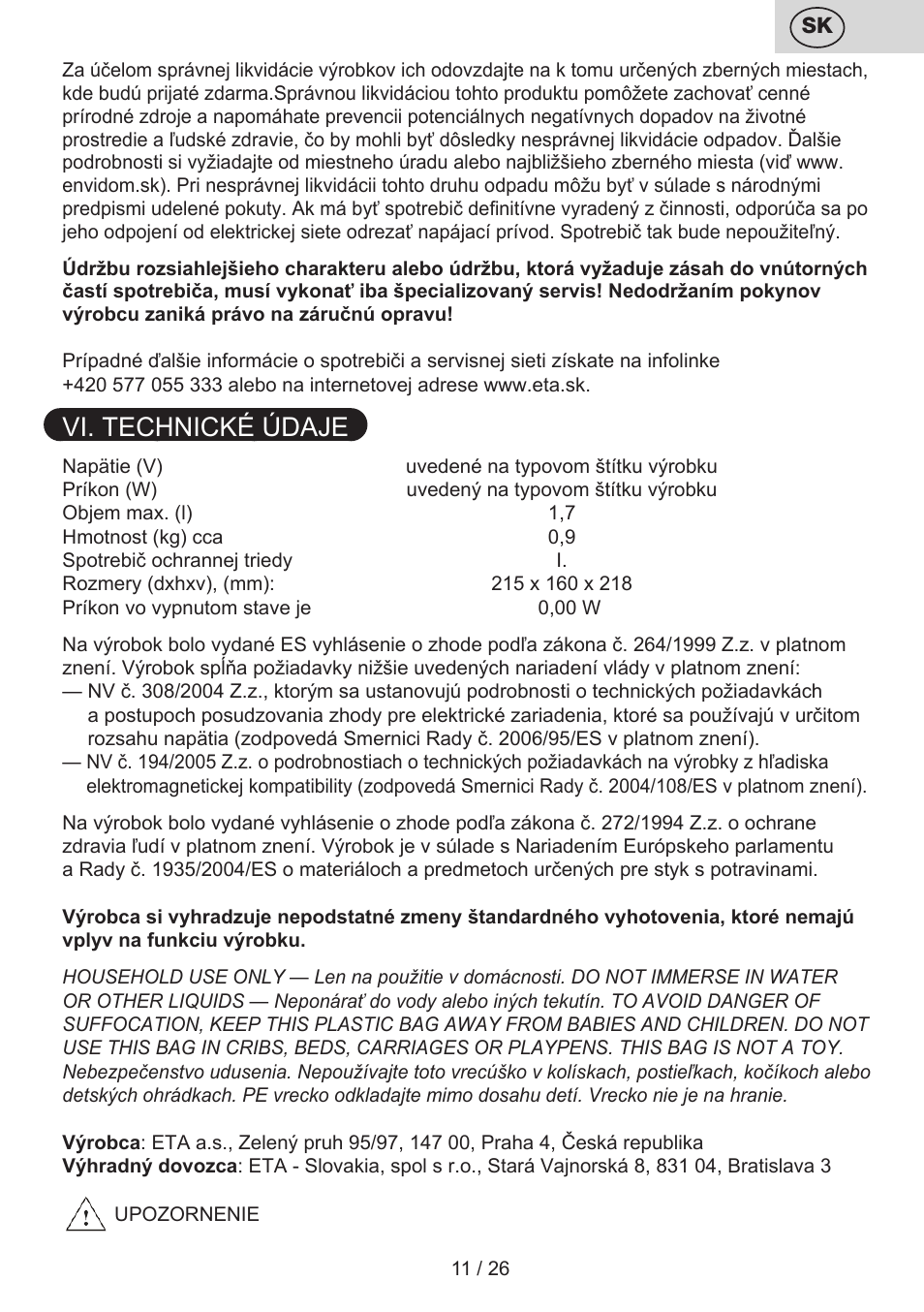 Vi. technické údaje | ETA Eva User Manual | Page 11 / 28