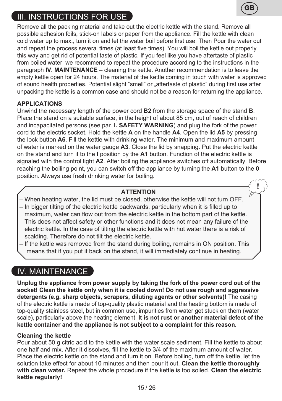 Iii. instructions for use, Iv. maintenance | ETA Eva User Manual | Page 15 / 28