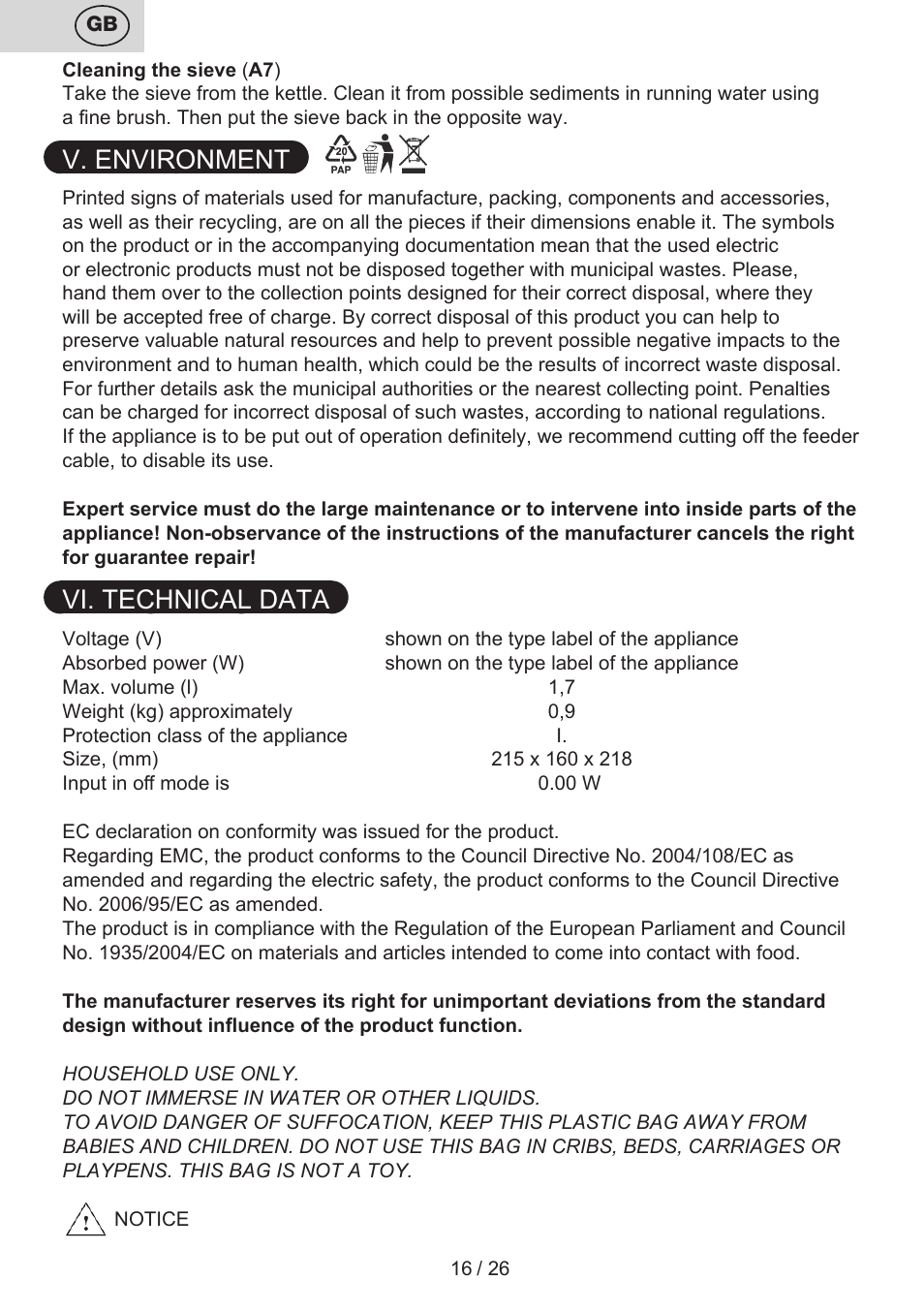 V. environment, Vi. technical data | ETA Eva User Manual | Page 16 / 28