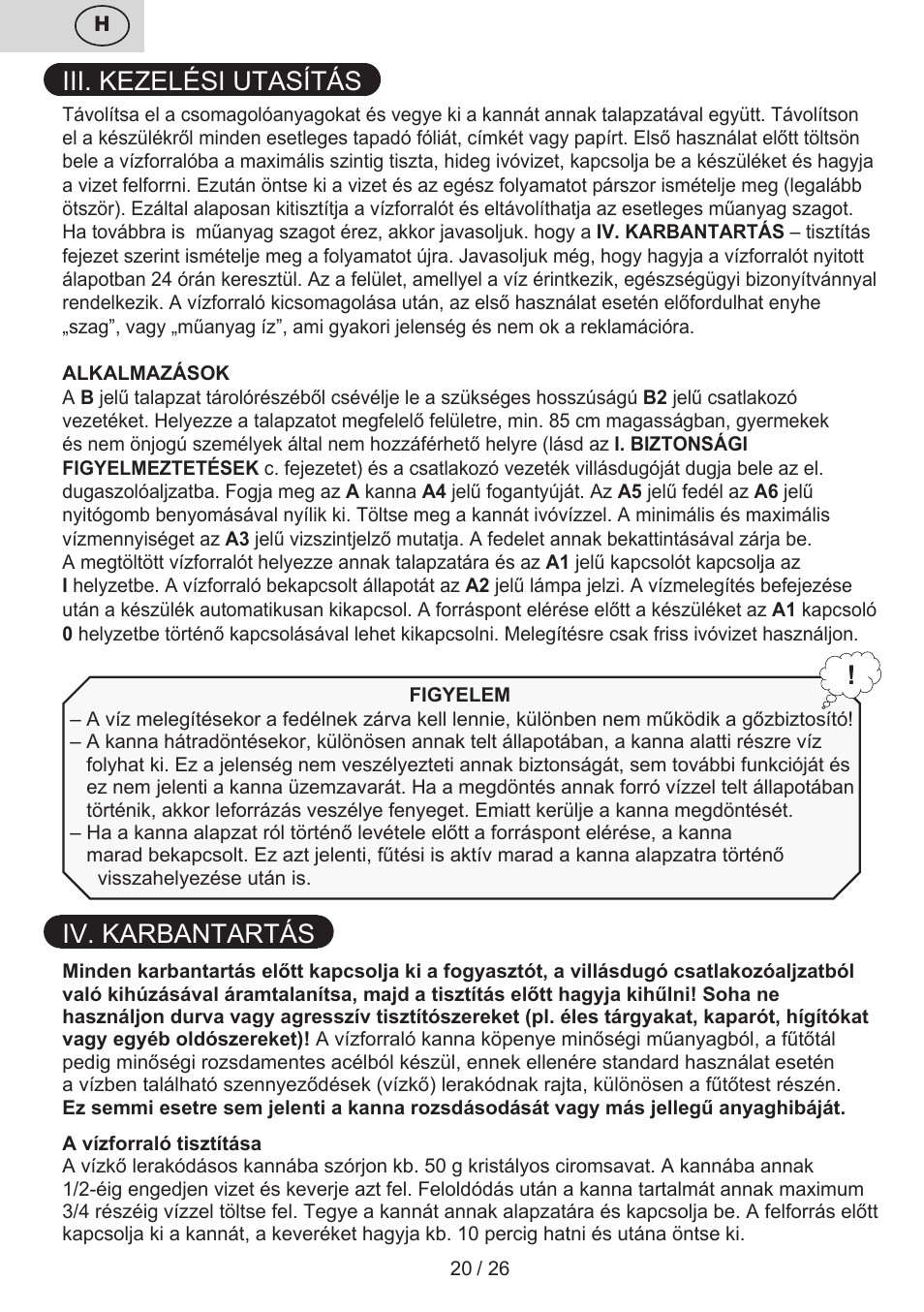 Iii. kezelési utasítás, Iv. karbantartás | ETA Eva User Manual | Page 20 / 28