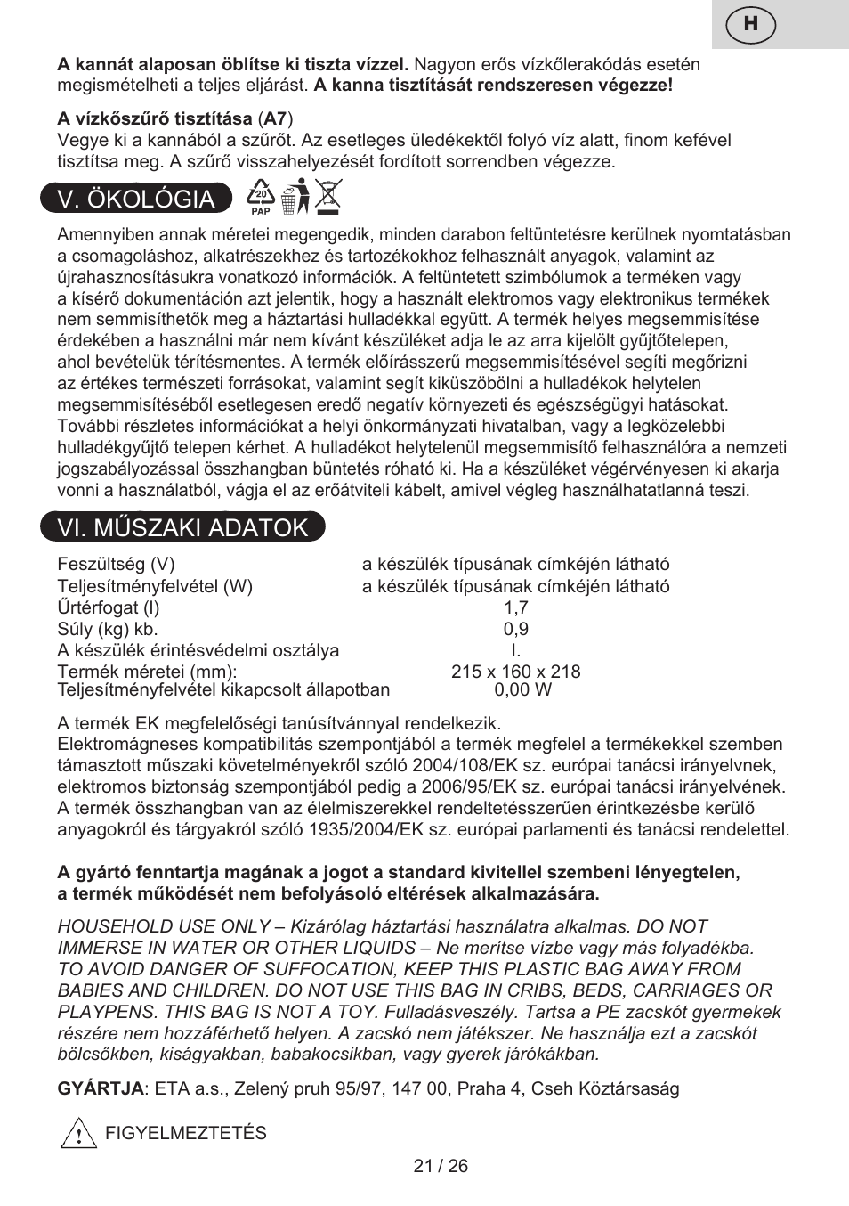 V. ökológia, Vi. műszaki adatok | ETA Eva User Manual | Page 21 / 28