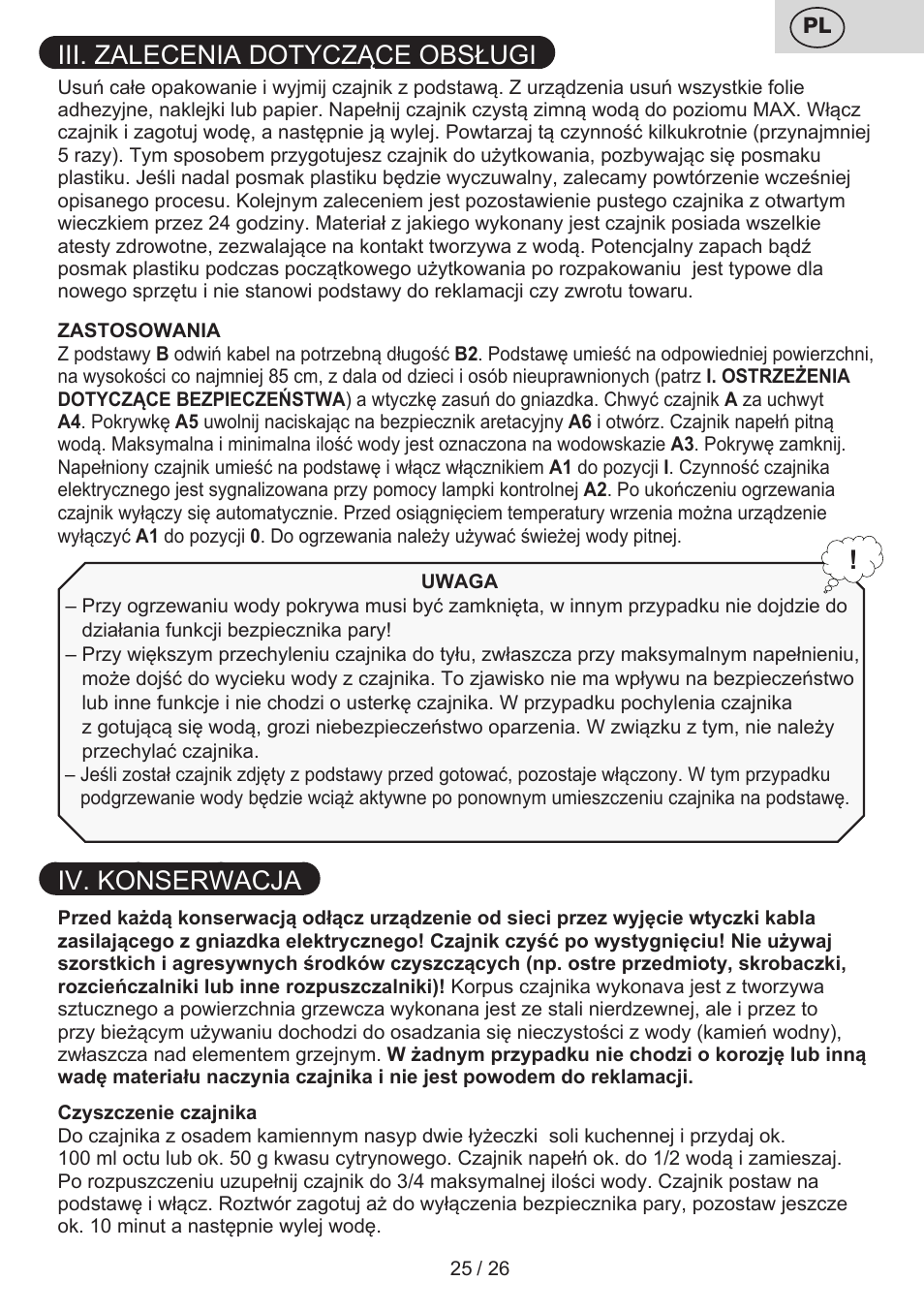Iii. zalecenia dotyczące obsługi, Iv. konserwacja | ETA Eva User Manual | Page 25 / 28