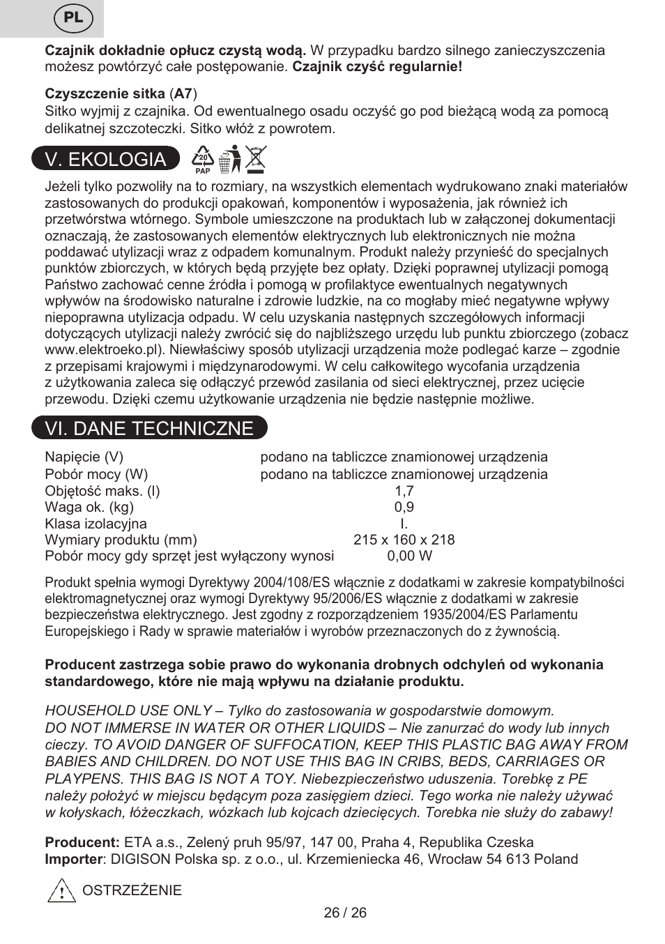V. ekologia, Vi. dane techniczne | ETA Eva User Manual | Page 26 / 28