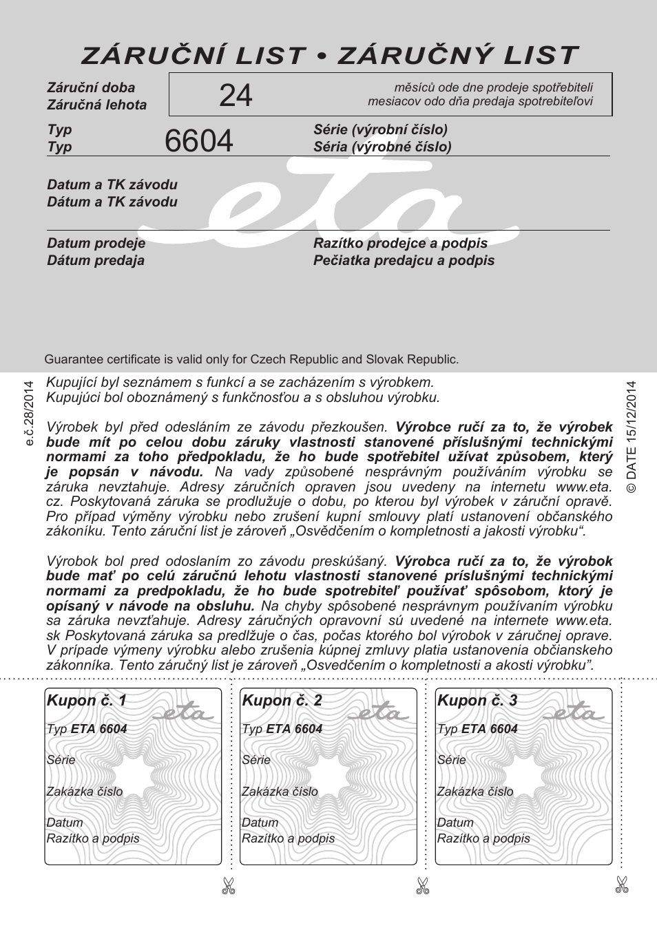List, Záruční list • záručný | ETA Eva User Manual | Page 28 / 28