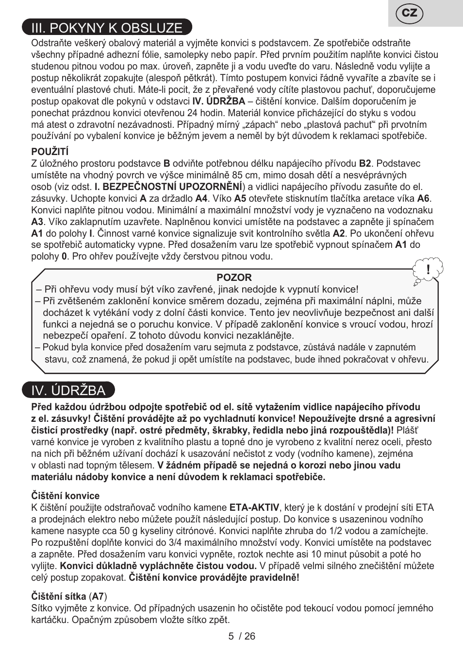Iii. pokyny k obsluze, Iv. údržba | ETA Eva User Manual | Page 5 / 28