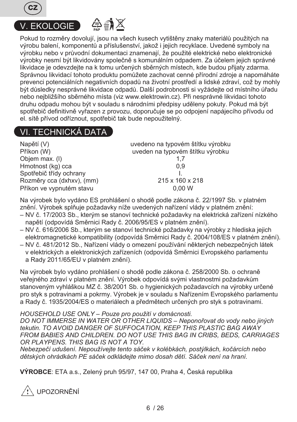 V. ekologie, Vi. technická data | ETA Eva User Manual | Page 6 / 28
