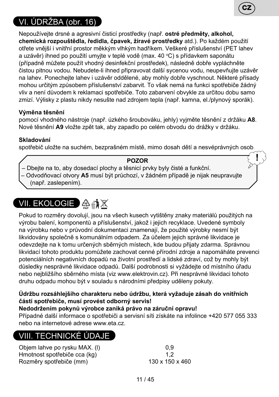 Vi. údržba (obr. 16), Vii. ekologie, Viii. technické údaje | ETA Bublimo User Manual | Page 11 / 48