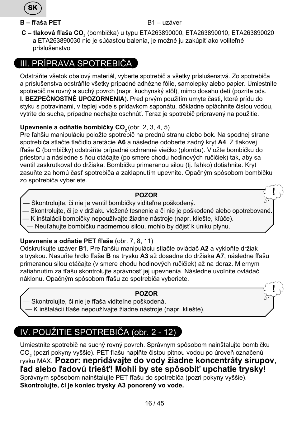 Iii. príprava spotrebiča, Iv. použitie spotrebiča (obr. 2 - 12) | ETA Bublimo User Manual | Page 16 / 48