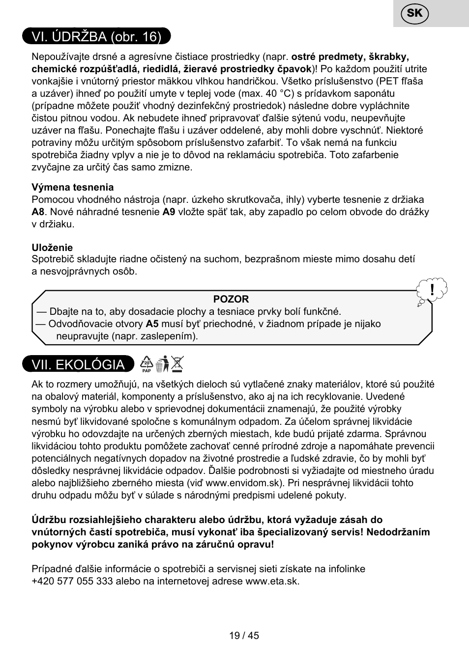 Vi. údržba (obr. 16), Vii. ekológia | ETA Bublimo User Manual | Page 19 / 48