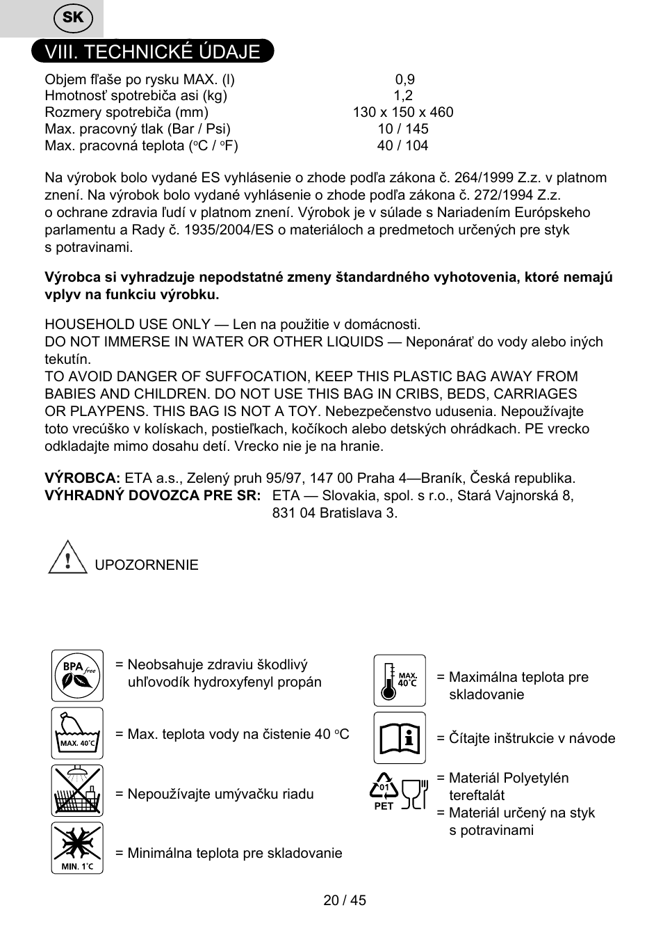 Viii. technické údaje | ETA Bublimo User Manual | Page 20 / 48
