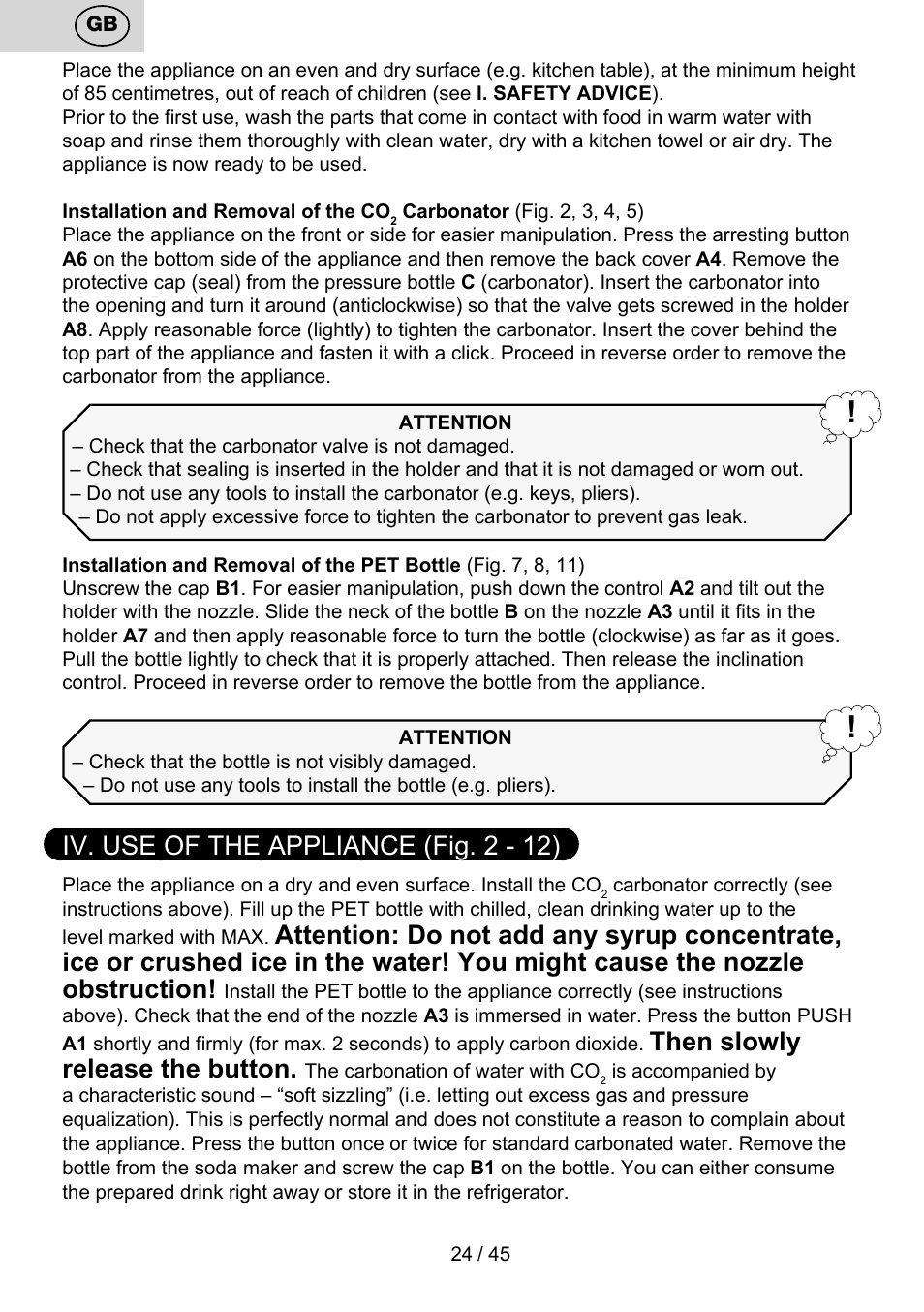 Iv. use of the appliance (fig. 2 - 12), Thenslowly releasethebutton | ETA Bublimo User Manual | Page 24 / 48