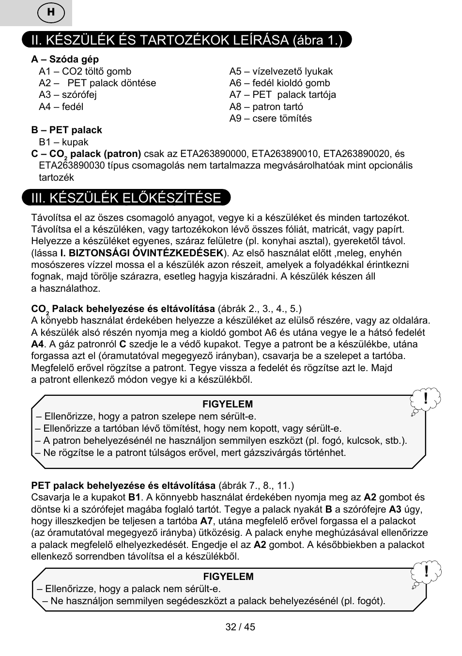 Ii. készülék és tartozékok leírása (ábra 1.), Iii. készülék előkészítése | ETA Bublimo User Manual | Page 32 / 48
