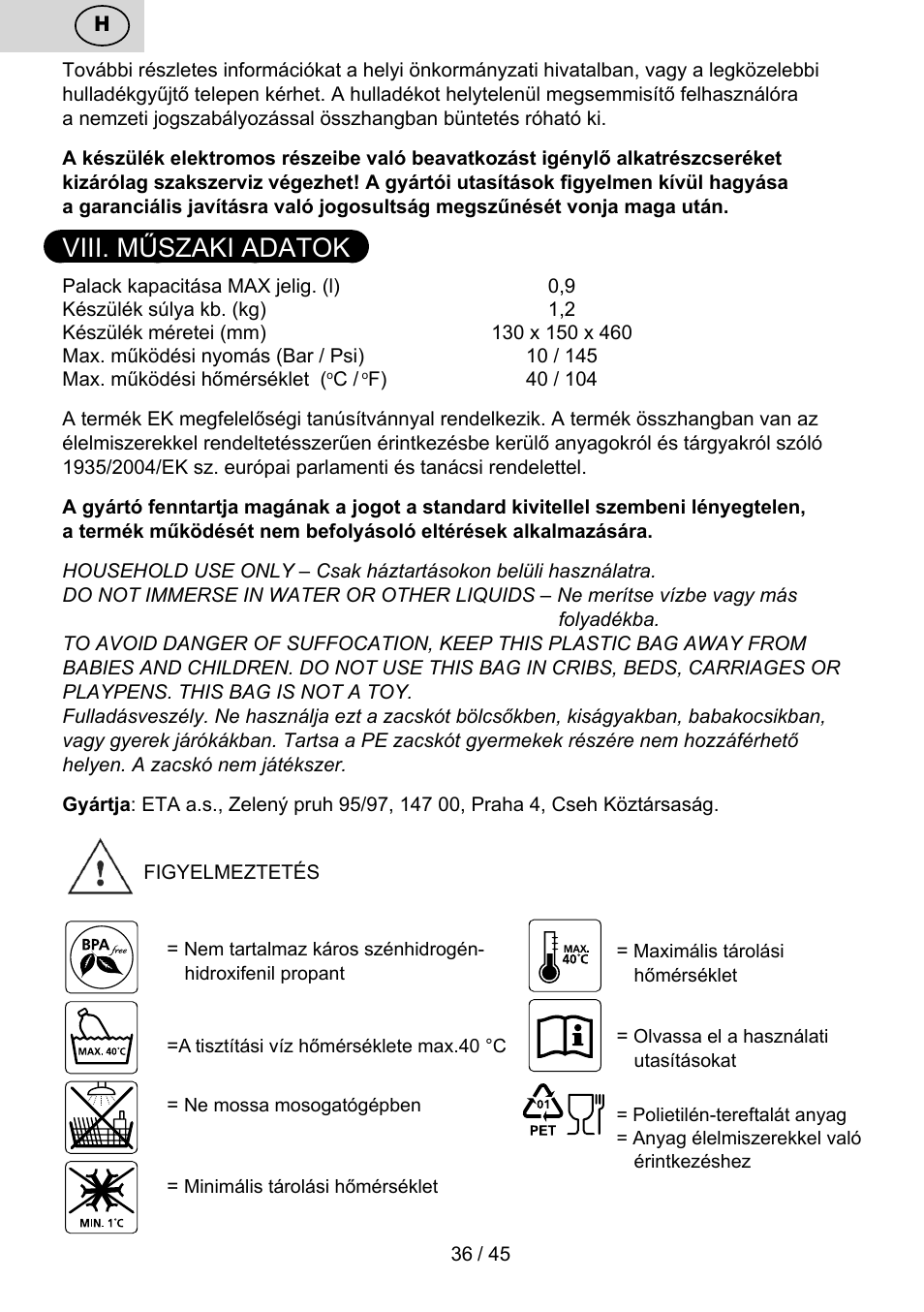 Viii. műszaki adatok | ETA Bublimo User Manual | Page 36 / 48