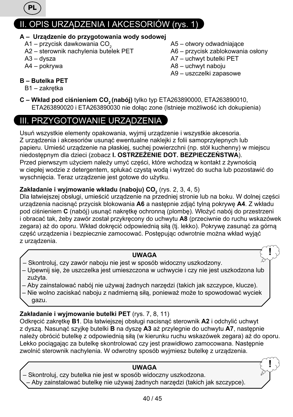 Ii. opis urządzenia i akcesoriów (rys. 1), Iii. przygotowanie urządzenia | ETA Bublimo User Manual | Page 40 / 48