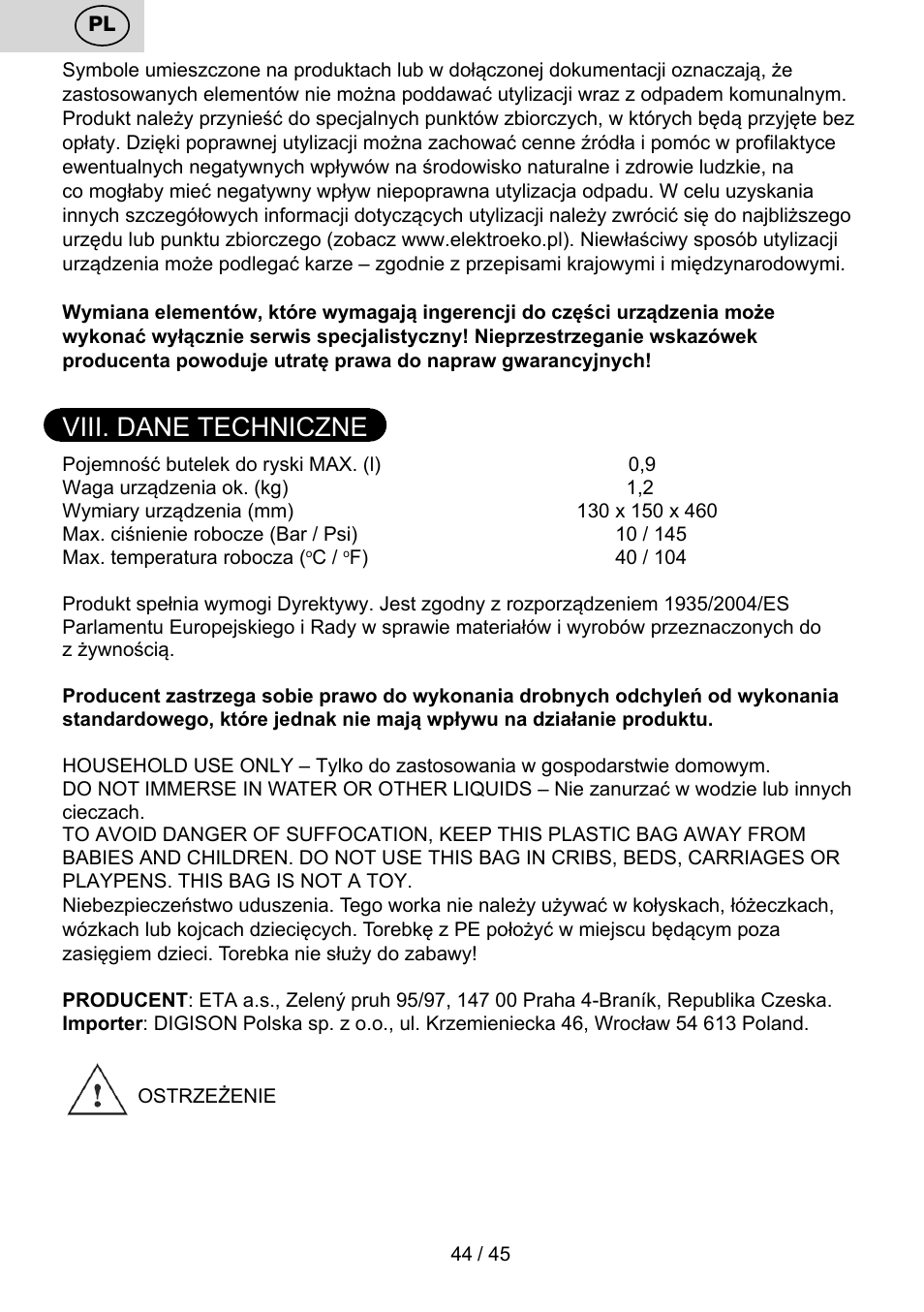 Viii. dane techniczne | ETA Bublimo User Manual | Page 44 / 48