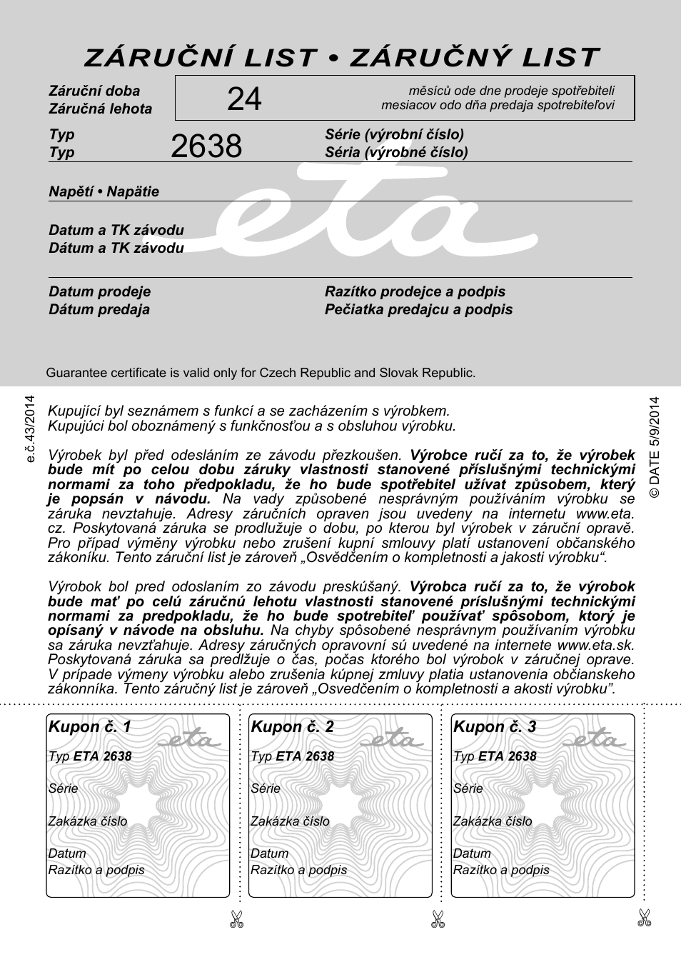 List, Záruční list • záručný | ETA Bublimo User Manual | Page 48 / 48