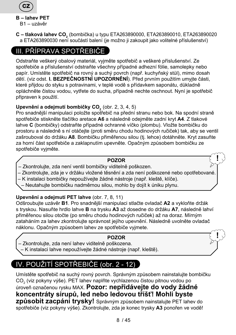 Iii. příprava spotřebiče, Iv. použití spotřebiče (obr. 2 - 12) | ETA Bublimo User Manual | Page 8 / 48