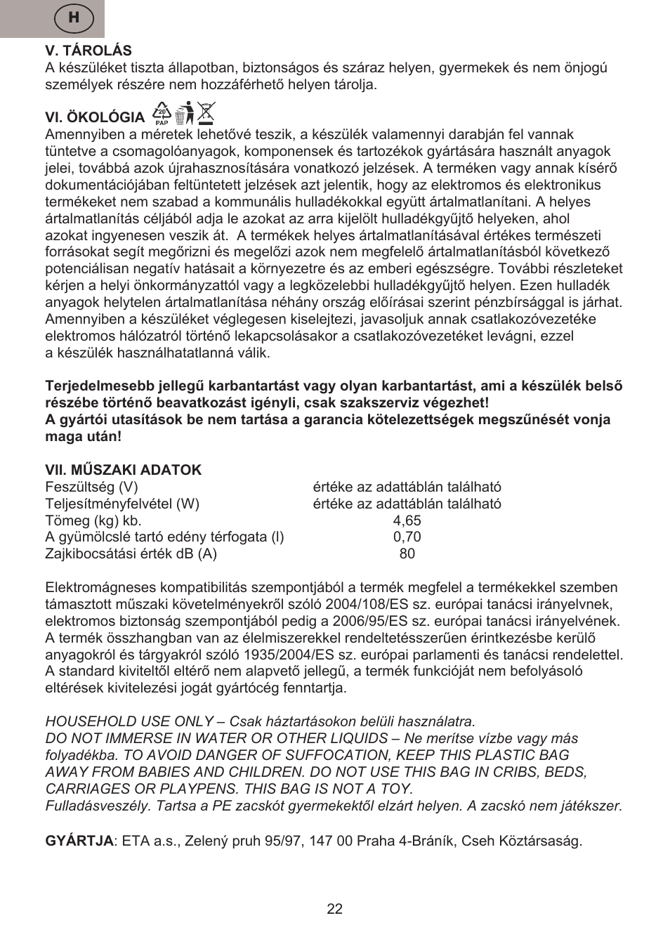 ETA Fresher User Manual | Page 22 / 36