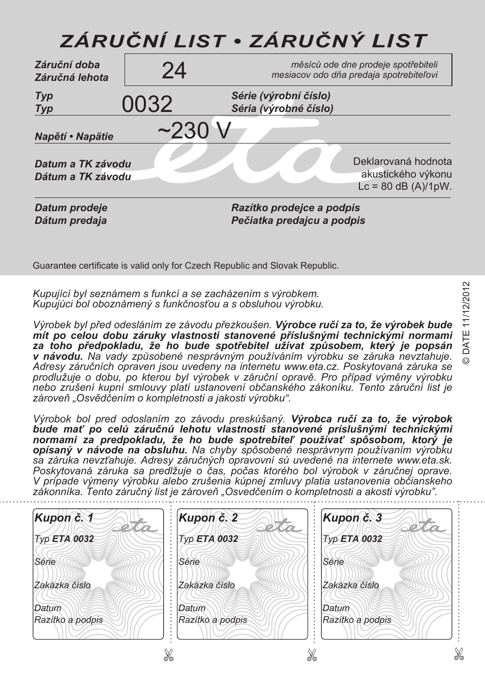 List, Záruční list • záručný | ETA Fresher User Manual | Page 36 / 36