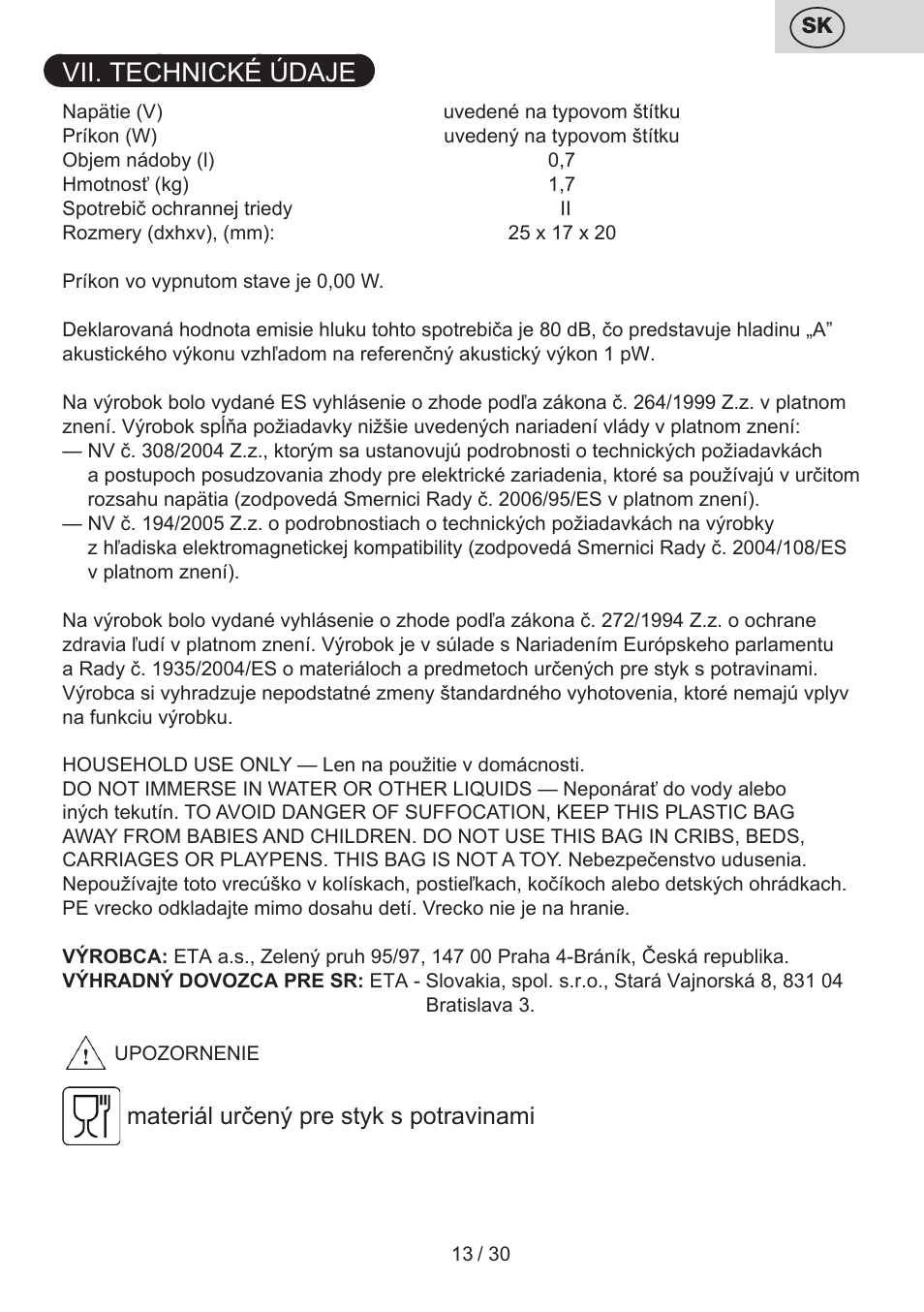 Vii. technické údaje, Materiál určený pre styk s potravinami | ETA Limet User Manual | Page 13 / 32