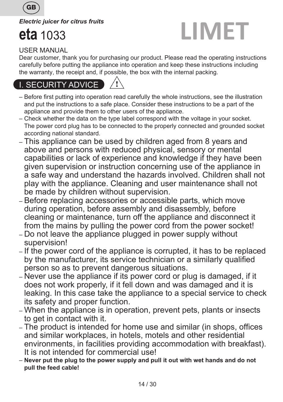 Limet | ETA Limet User Manual | Page 14 / 32