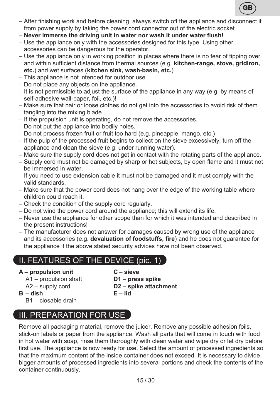 Ii. features of the device (pic. 1), Iii. preparation for use | ETA Limet User Manual | Page 15 / 32