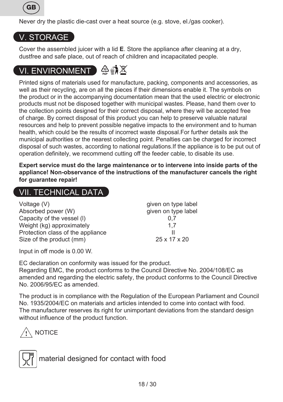 V. storage, Vi. environment, Vii. technical data | ETA Limet User Manual | Page 18 / 32